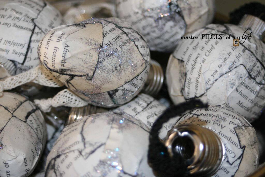 book print decoupaged ornaments