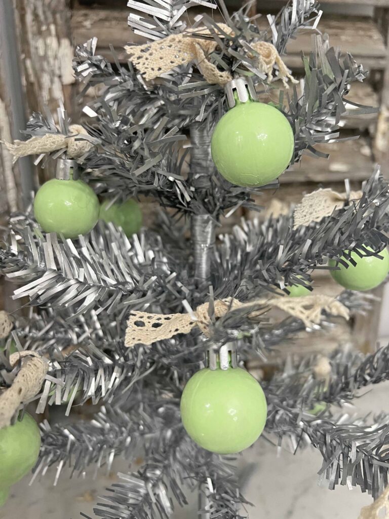 DIY vintage tinsel tree with jadeite ornaments